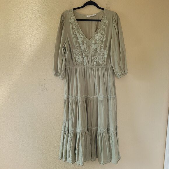 Lucky Brand Dress Womens Xl Maxi Tiered Floral Embroidered Cottage Prairie Boho - Picture 1 of 7
